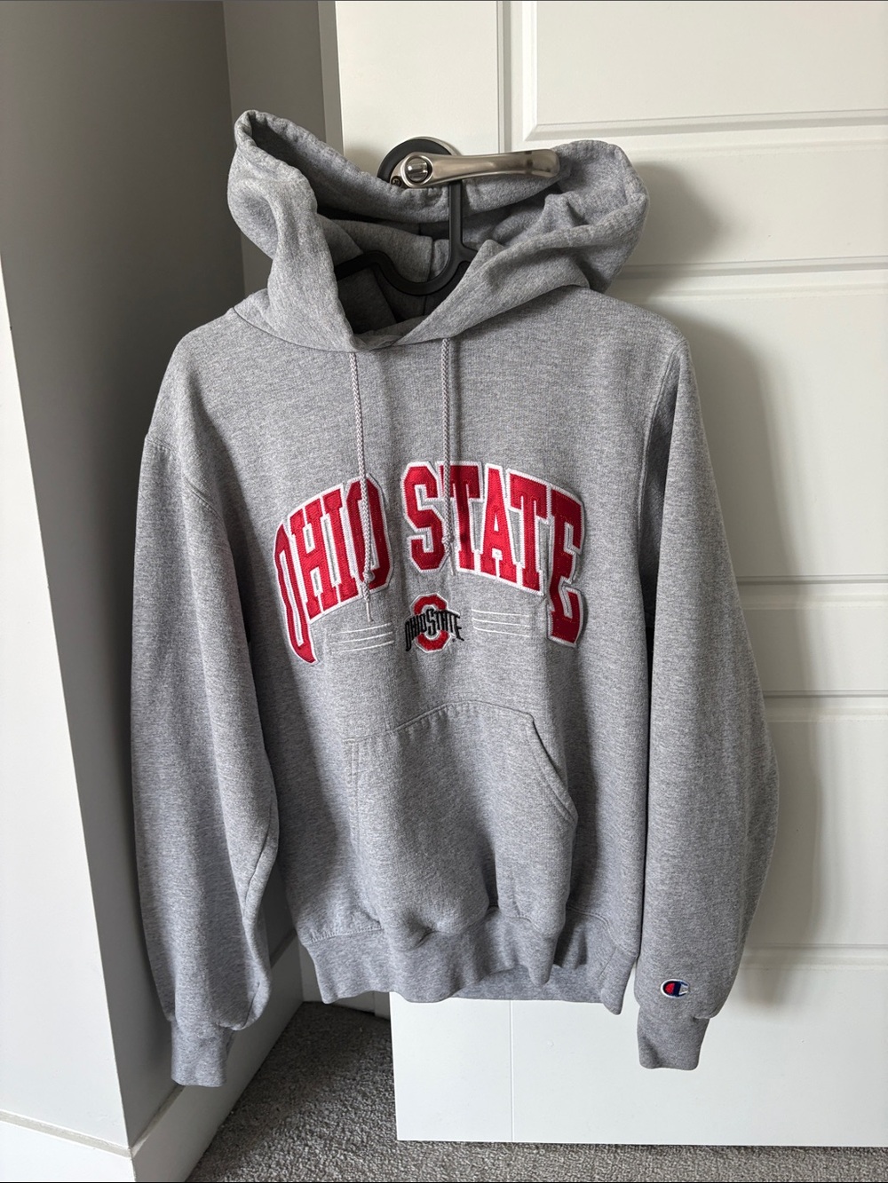 Champion Gray Hoodie with Red Ohio State Graphics